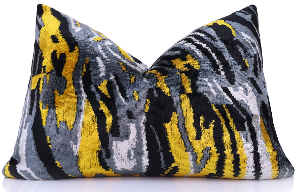 Yellow Gray Abstract Ikat Silk Velvet Lumbar Pillow – 16x24