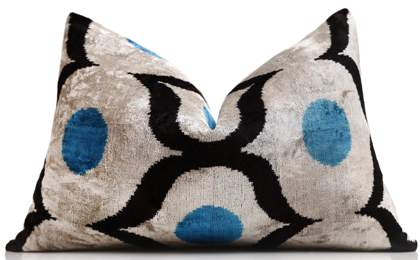 Blue Orbit Silk Velvet Pillow 16x24 Handmade Luxury Lumbar Cushion