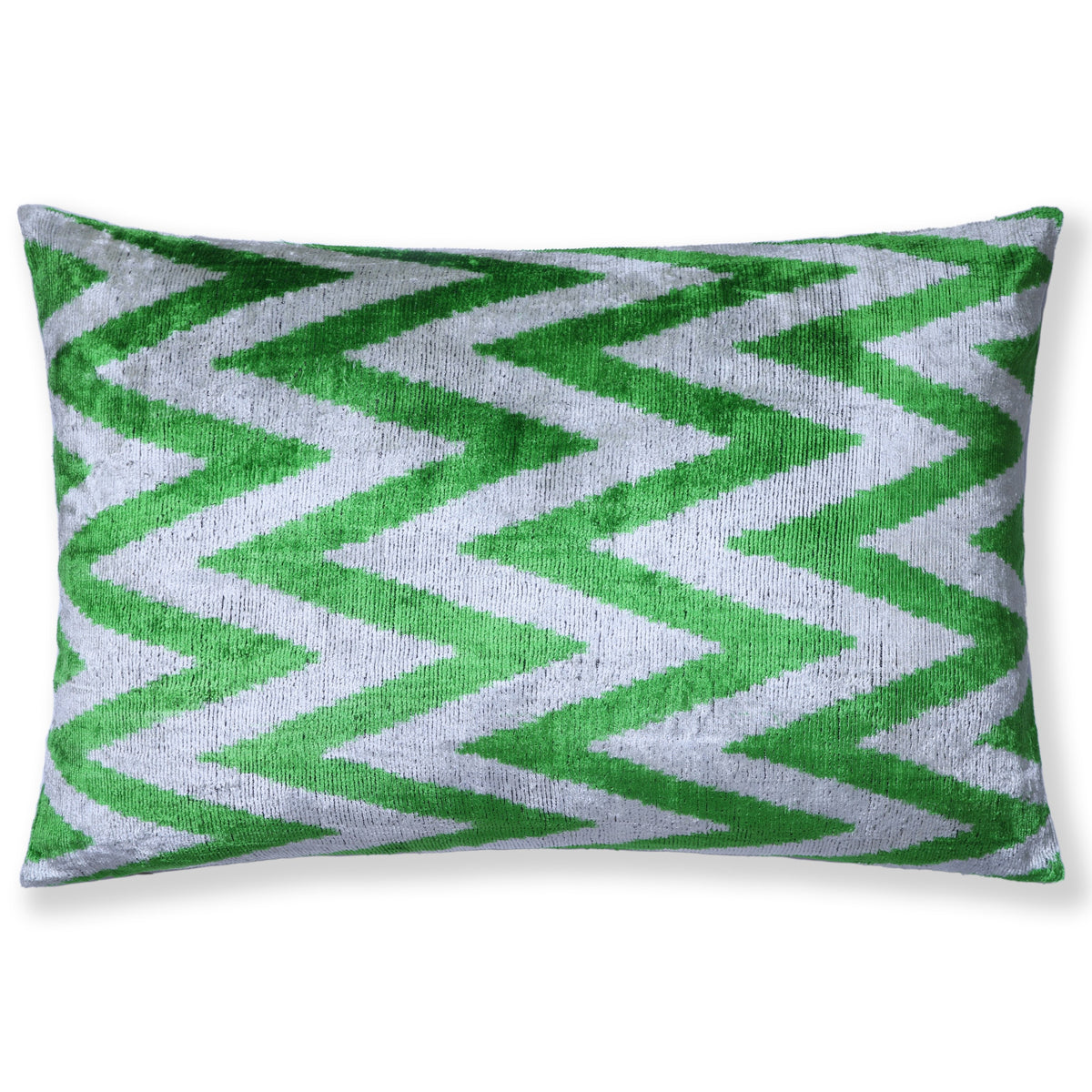 Full rectangular bright green and light gray chevron lumbar pillow on white