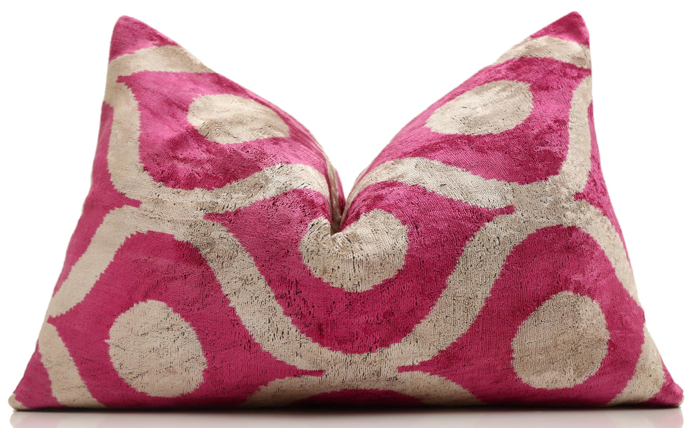 Fuchsia Orbit Silk Velvet Pillow 16x24 Handmade Luxury Lumbar Cushion