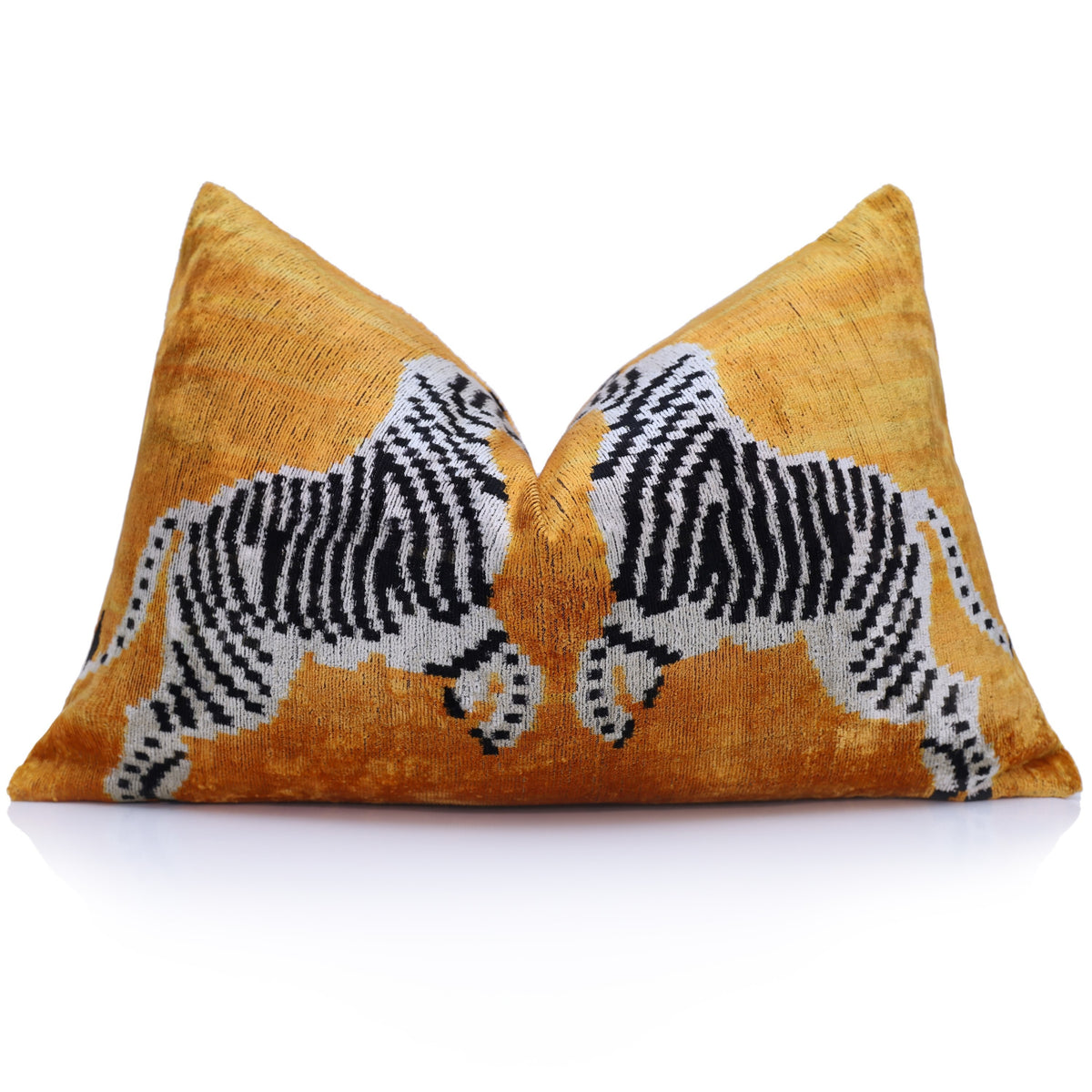 Mustard & Black Mirrored Zebra Silk Velvet Lumbar Pillow – 16x24