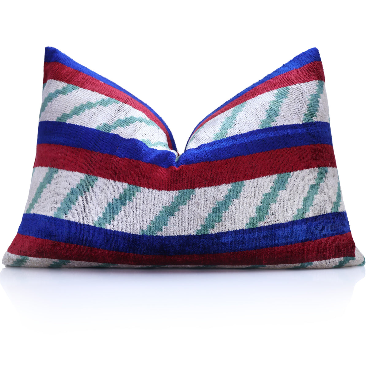 Cobalt & Crimson Striped Silk Velvet Lumbar Pillow – 16x24