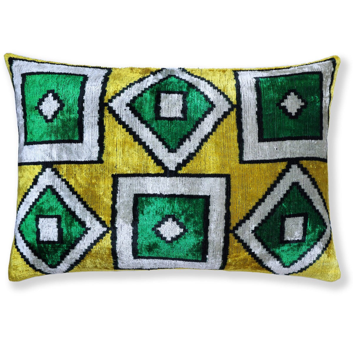 Full rectangular lumbar pillow showing its diamond and square pattern on a white background