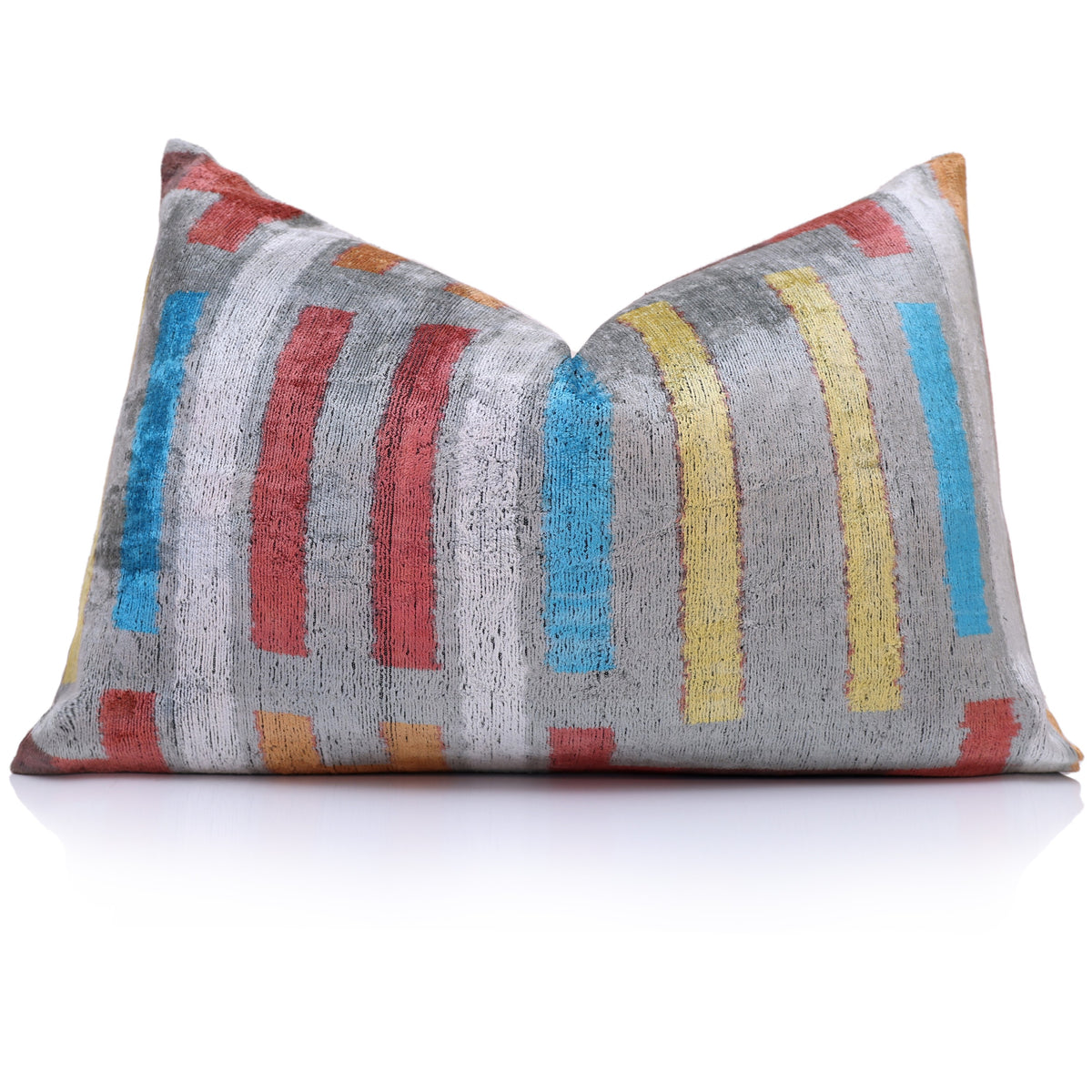Turquoise & Amber Geometric Silk Velvet Lumbar Pillow – 16x24