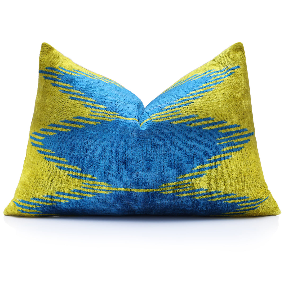 Blue Chartreuse Ikat Silk Velvet Lumbar Pillow – 16x24