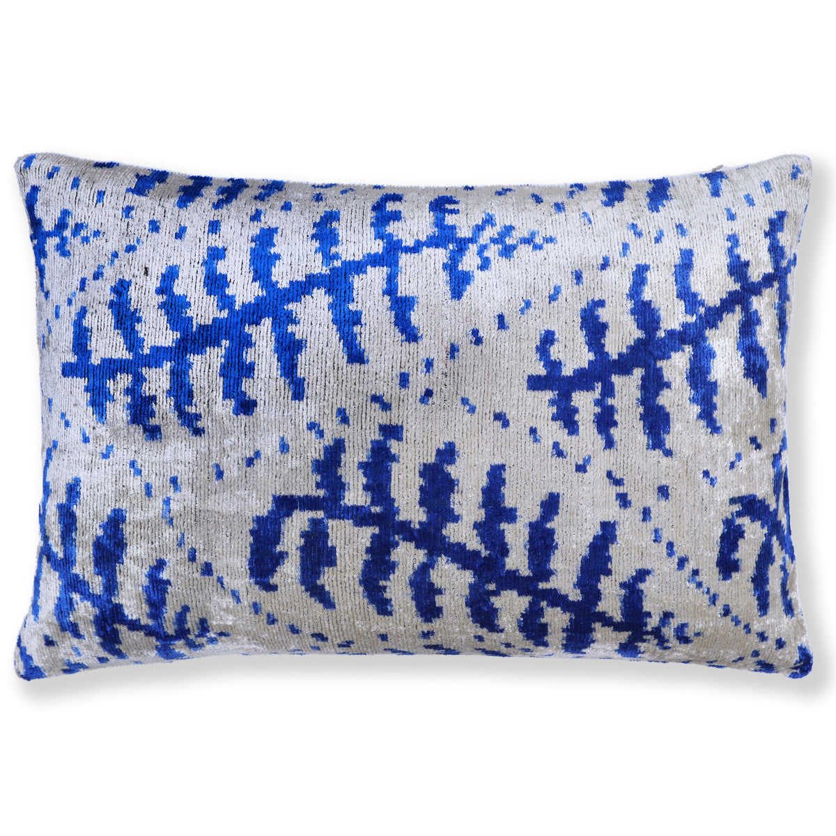 Full cobalt blue and silver gray botanical lumbar pillow on white background