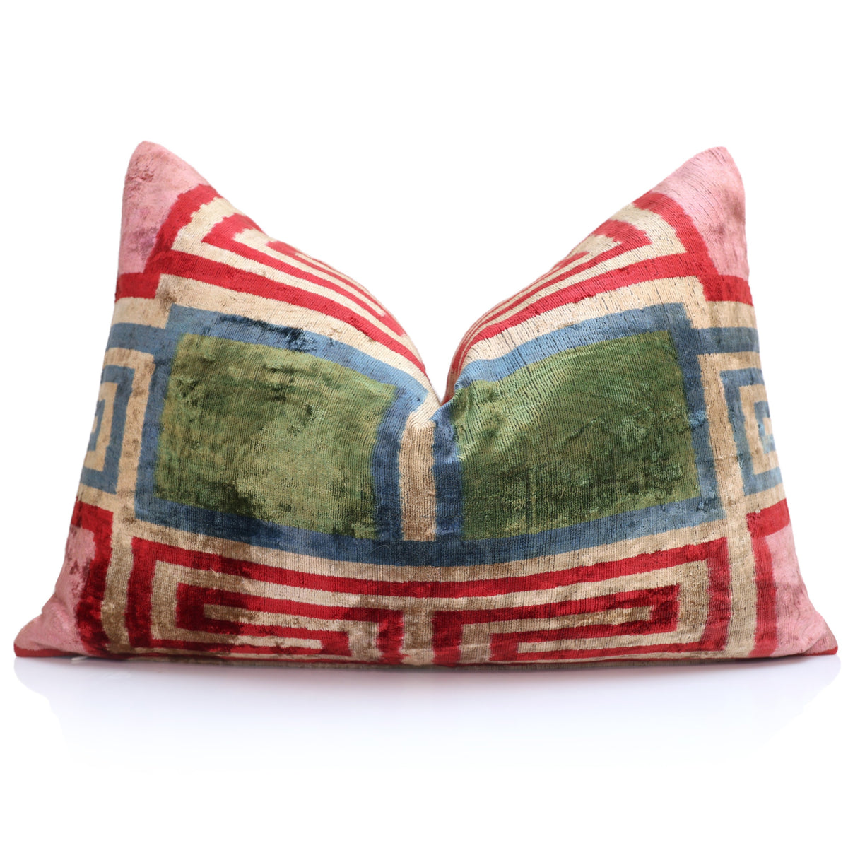 Red, Olive & Blue Geometric Silk Velvet Lumbar Pillow – 16x24