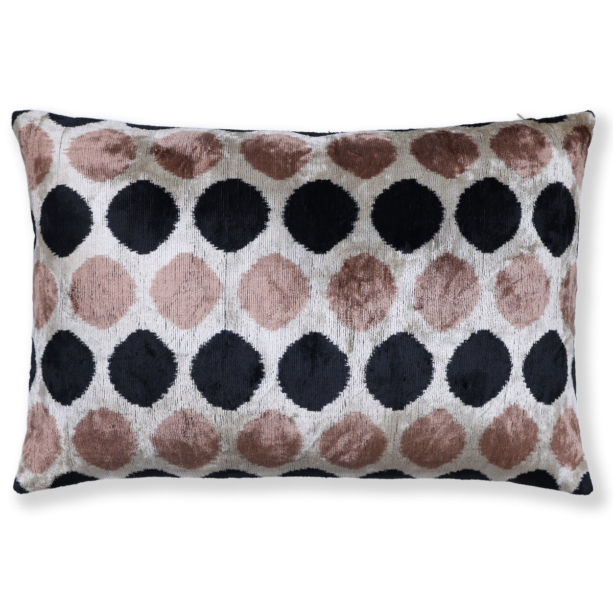 Light champagne beige silk velvet lumbar pillow with dusty blush rose and black polka dots