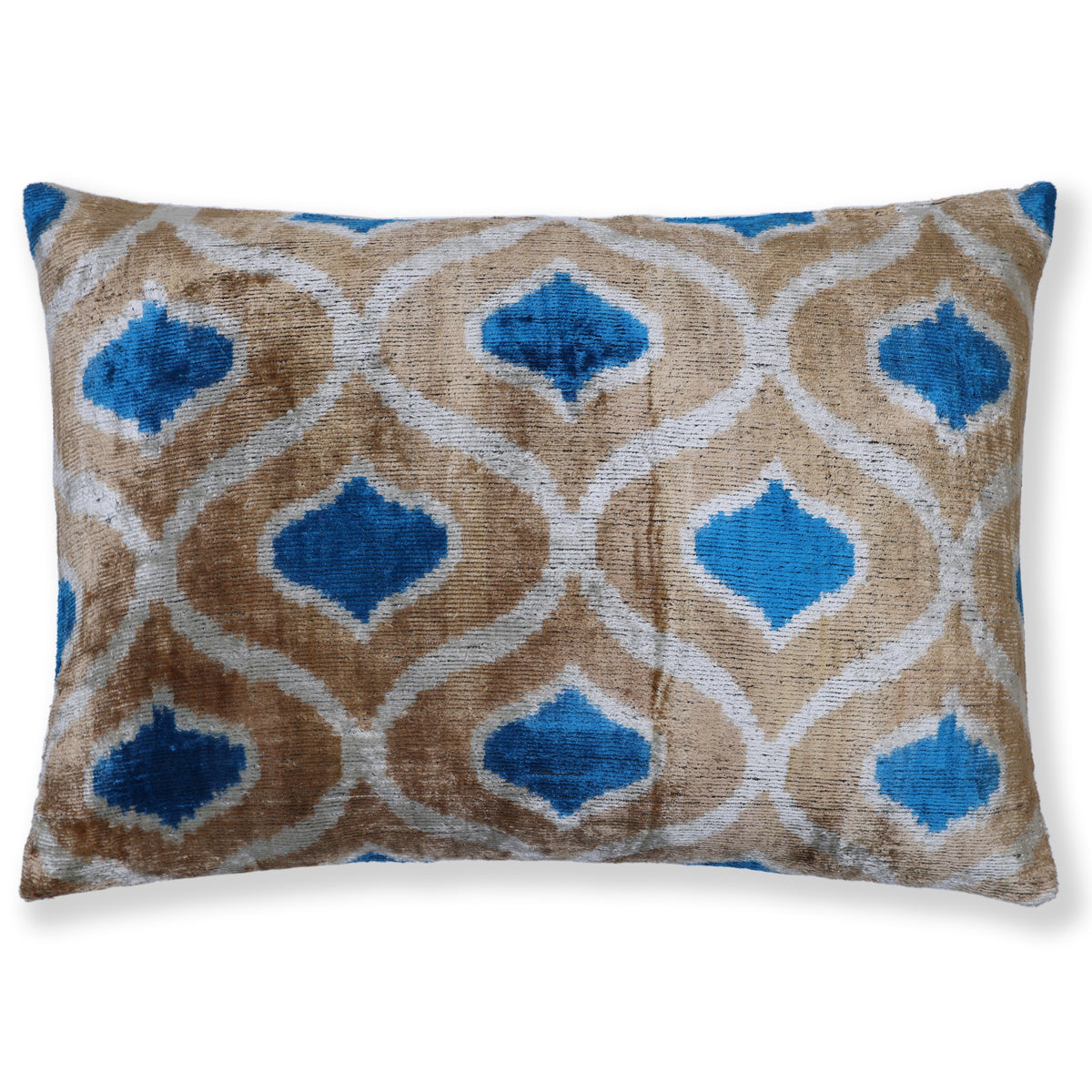 Golden taupe lumbar pillow with silvery white and cerulean blue geometric ikat lattice