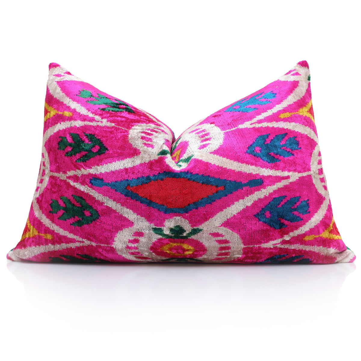 Magenta & Ivory Ikat Silk Velvet Lumbar Pillow – 16x24
