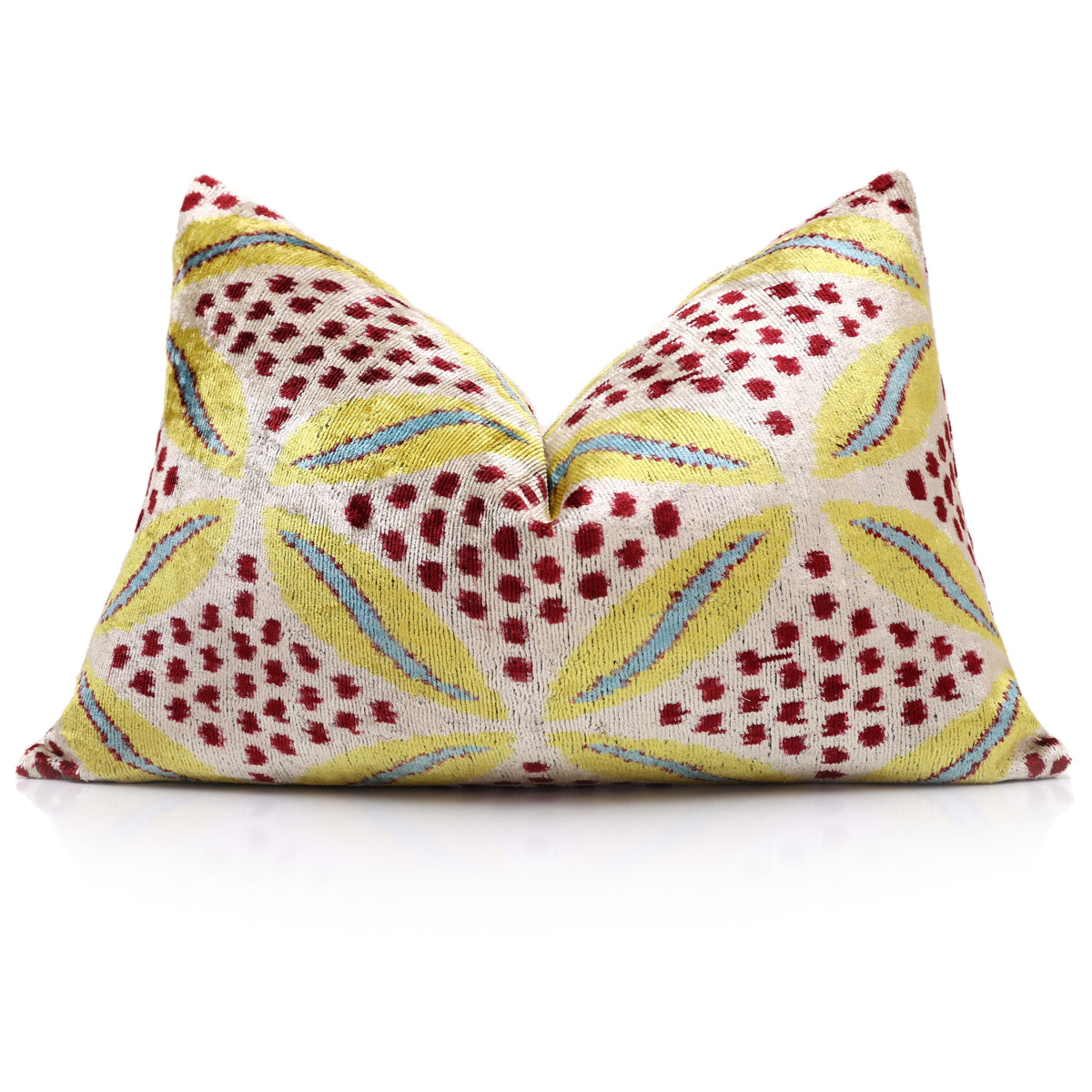 Chartreuse & Burgundy Ikat Silk Velvet Lumbar Pillow – 16x24