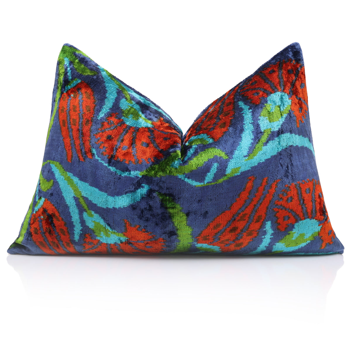 Royal Blue & Rust Floral Silk Velvet Lumbar Pillow – 16x24