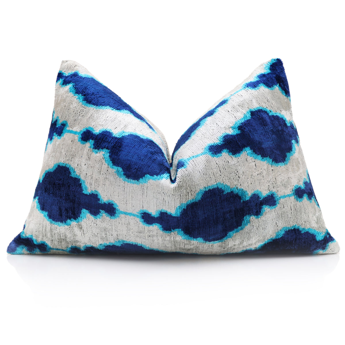 Silvery White & Cobalt Ikat Silk Velvet Pillow – 16x24