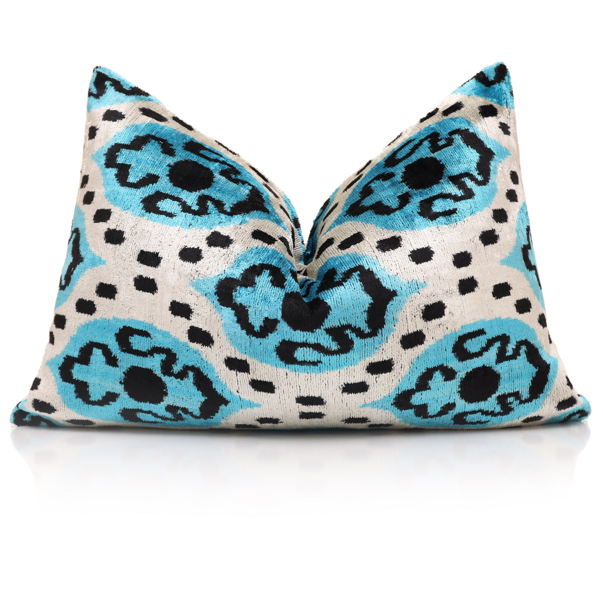 Turquoise & Black Ikat Silk Velvet Lumbar Pillow – 16x24
