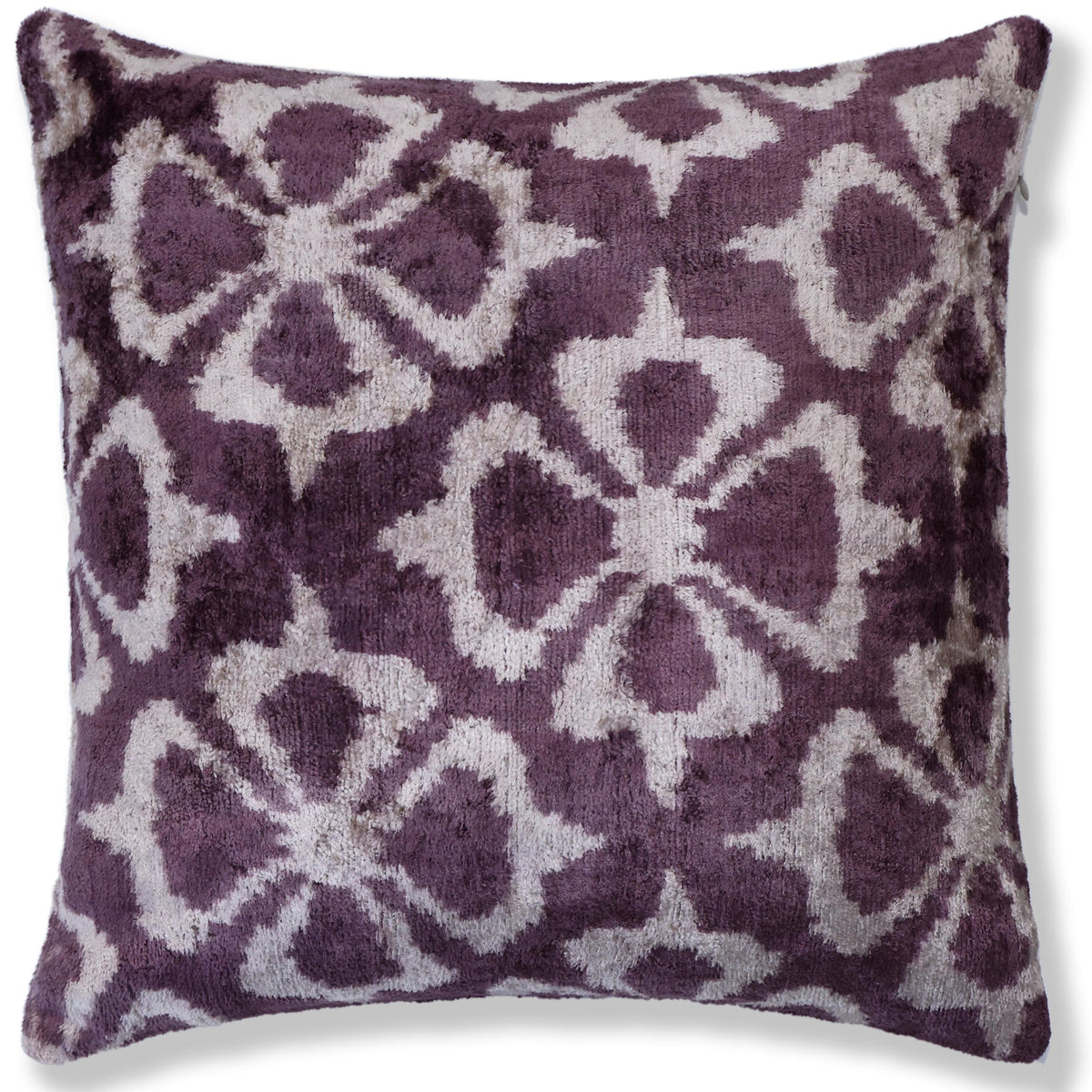 Hand-Knotted Plum Ikat Silk Velvet Pillow - 16x16 Organic Vegetable Dyed