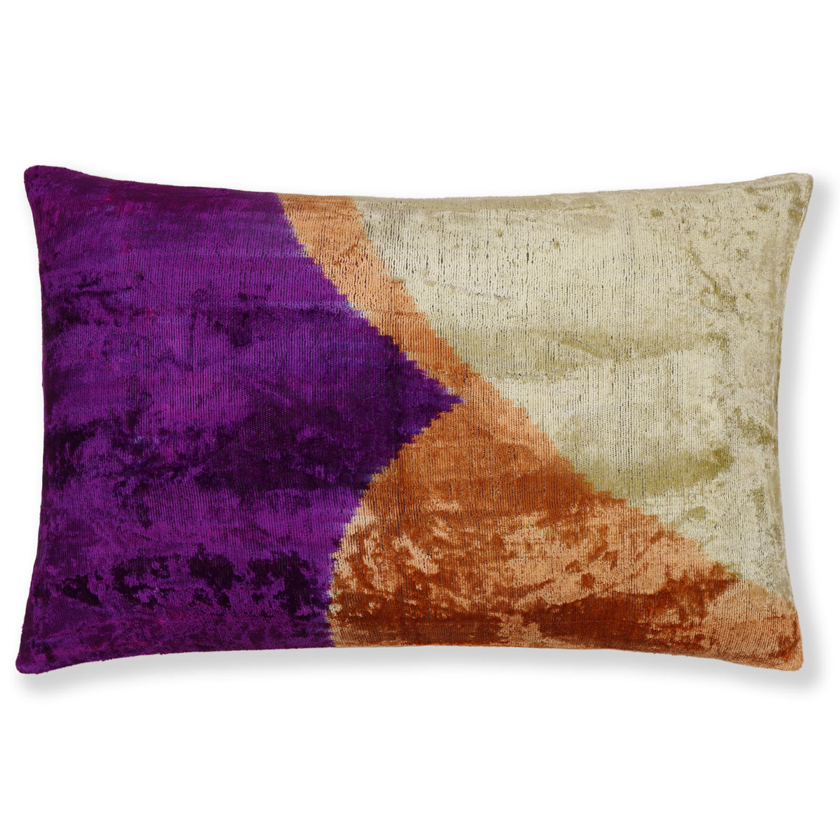 Rich purple, pale champagne gold and terracotta orange geometric lumbar pillow on white background
