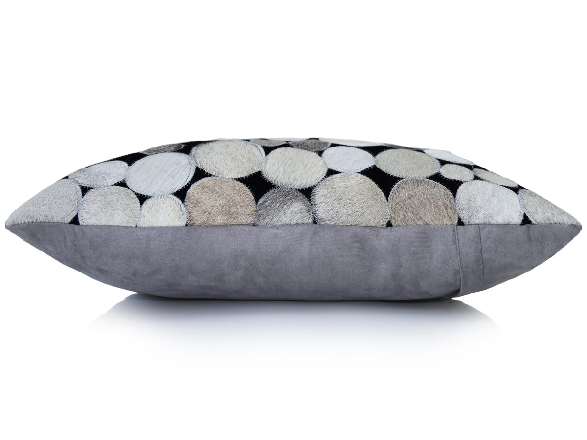 Luxury Genuine Cowhide Leather Circle Patchwork Throw Pillow 16x24 | Handmade Designer Lumbar Cushion