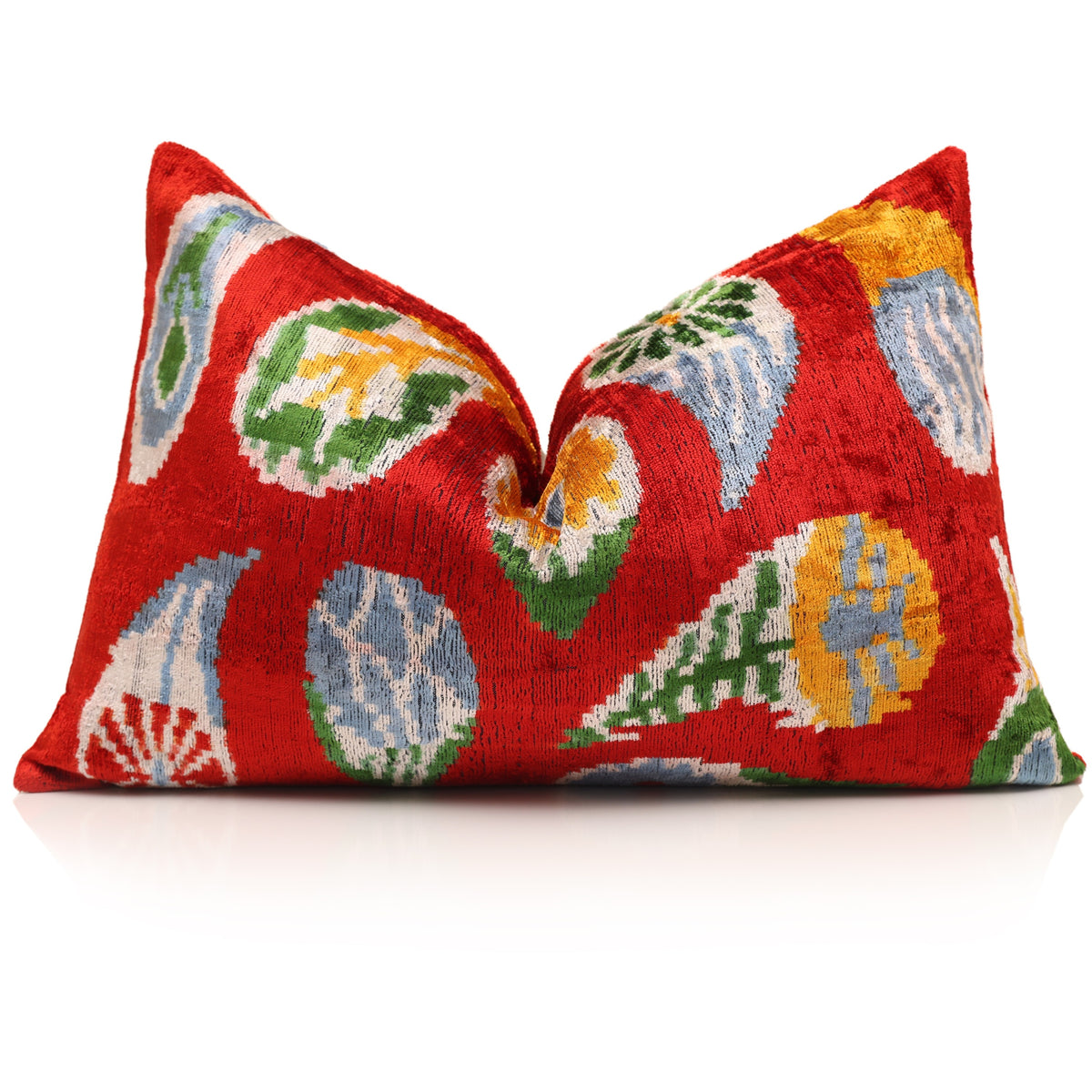 Crimson & White Ikat Silk Velvet Lumbar Pillow – 16x24
