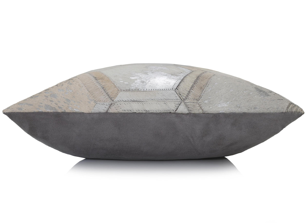 Luxury Silver Metallic Honeycomb Genuine Cowhide Pillow 18x18 | Handmade Designer Leather Cushion