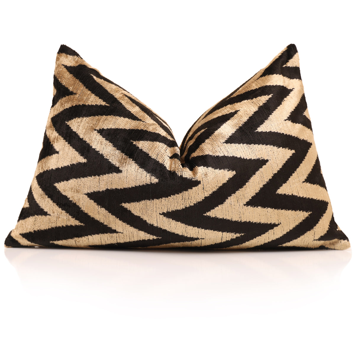 Black and Gold Ikat Silk Velvet Lumbar Pillow – 16x24