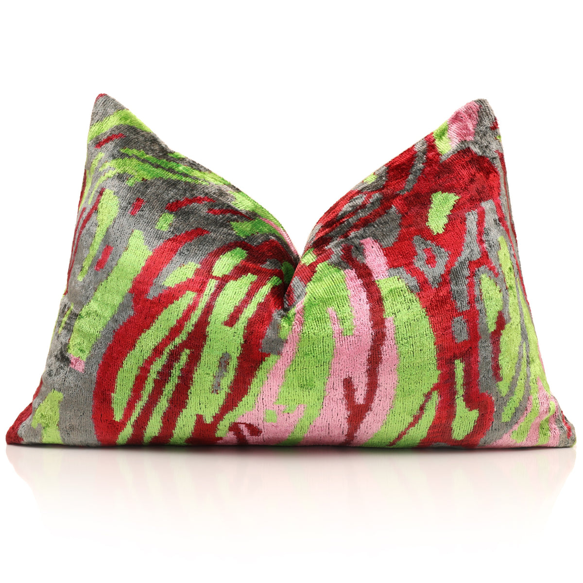 Crimson & Lime Abstract Ikat Silk Velvet Lumbar Pillow