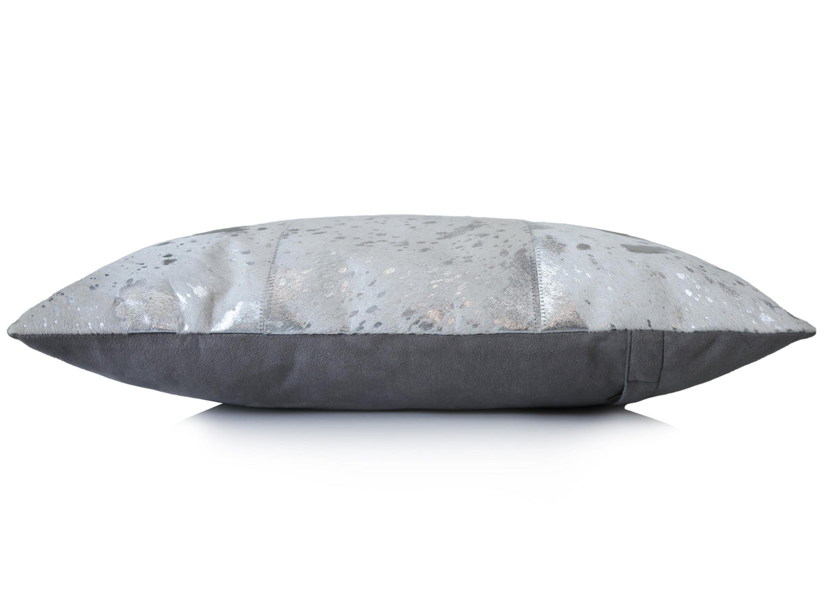 Luxury Silver Cowhide Leather Throw Pillow 16x24 | Handmade Metallic Designer Lumbar Cushion