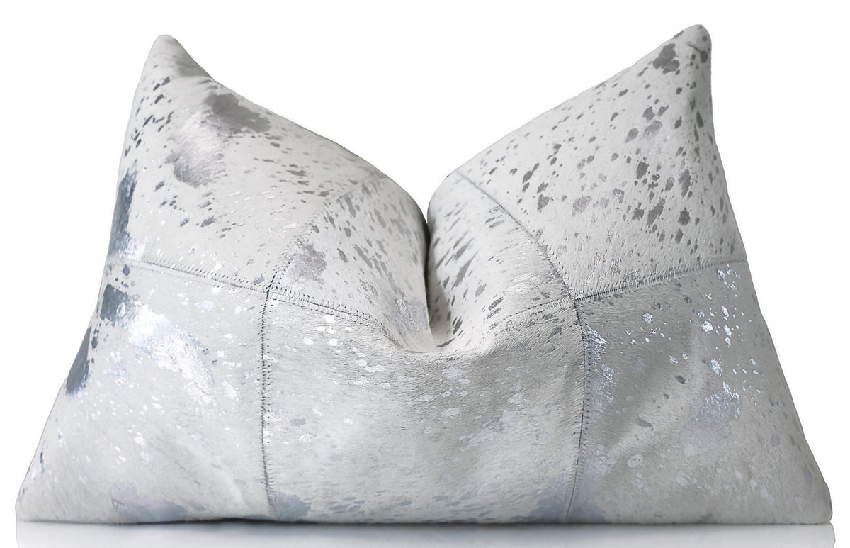 Luxury Silver Cowhide Leather Throw Pillow 16x24 | Handmade Metallic Designer Lumbar Cushion