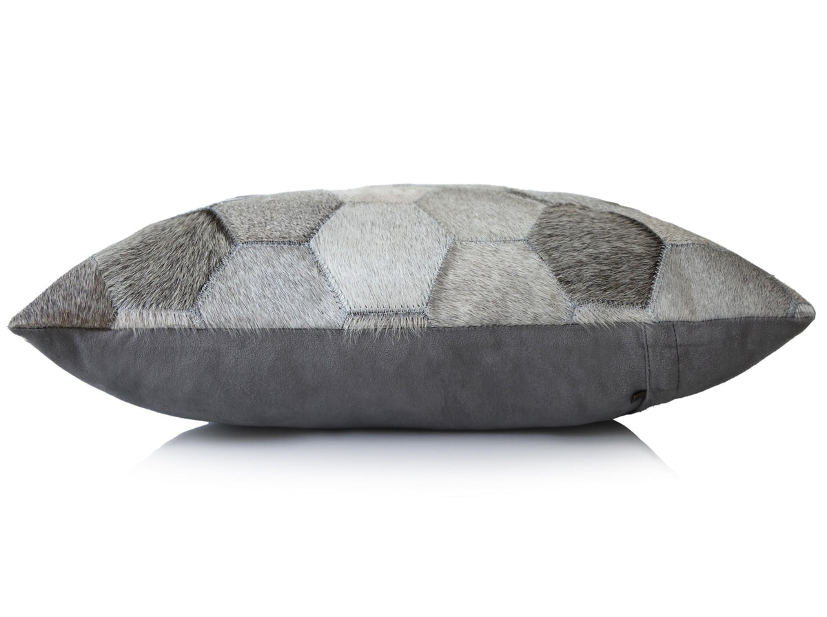 Luxury Gray Cowhide Leather Throw Pillow 16x24 | Handmade Hexagon Patchwork Designer Lumbar Cushion