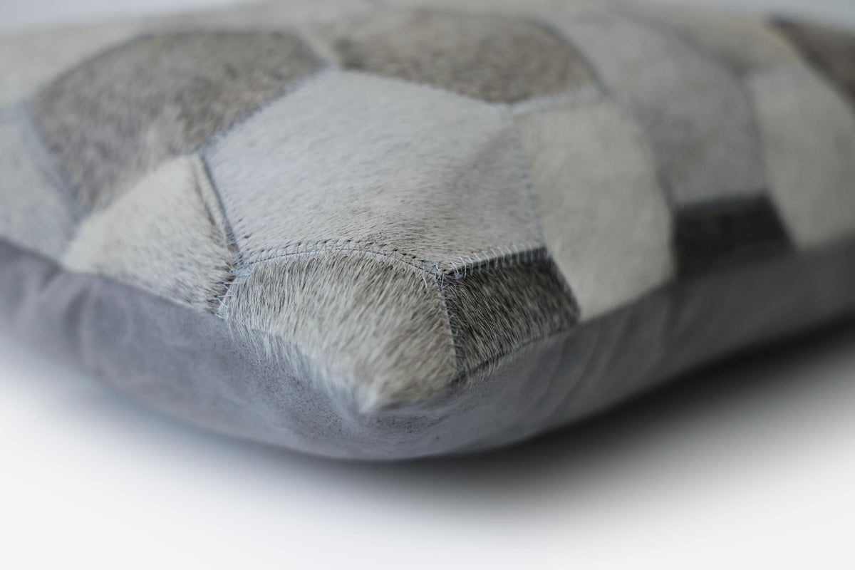 Luxury Gray Cowhide Leather Throw Pillow 16x24 | Handmade Hexagon Patchwork Designer Lumbar Cushion