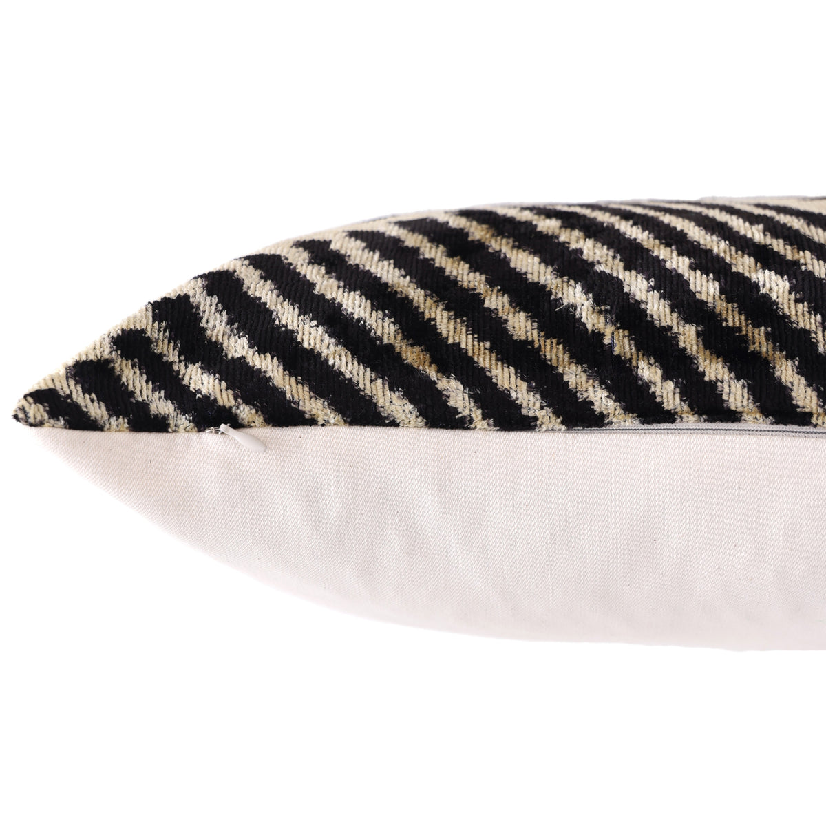 Side seam close-up showing hidden zipper beside the jet black and champagne beige chevron