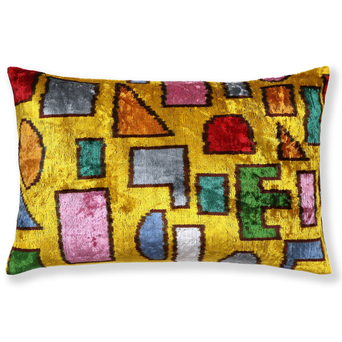 Bright mustard yellow lumbar pillow with multicolor abstract geometric shapes
