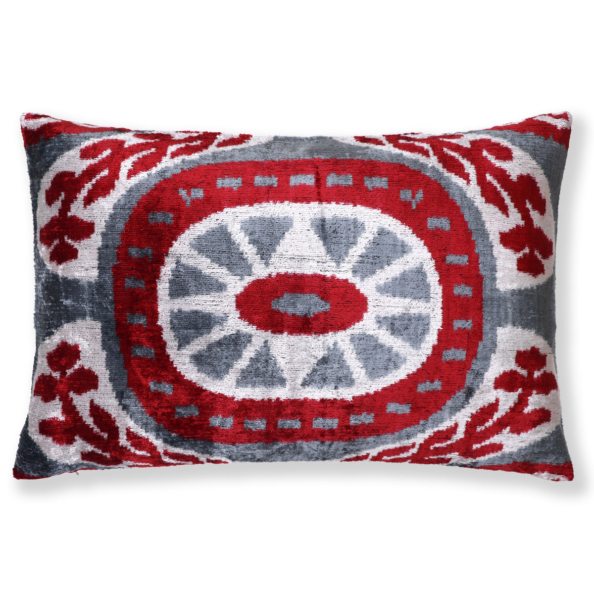 Crimson red, slate gray and white ikat lumbar pillow shown from the front on a white background