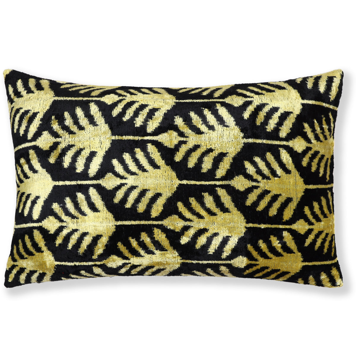 Front view of a chartreuse gold and black botanical silk velvet lumbar pillow