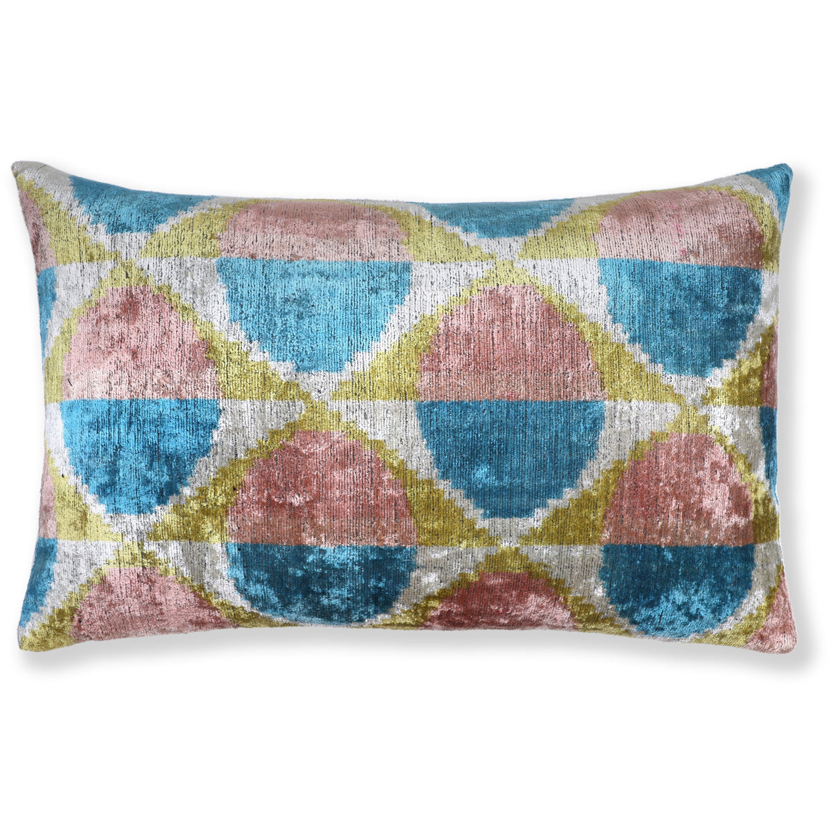 Dusty rose pink, cerulean blue, chartreuse olive green and silvery white geometric ikat lumbar pillow