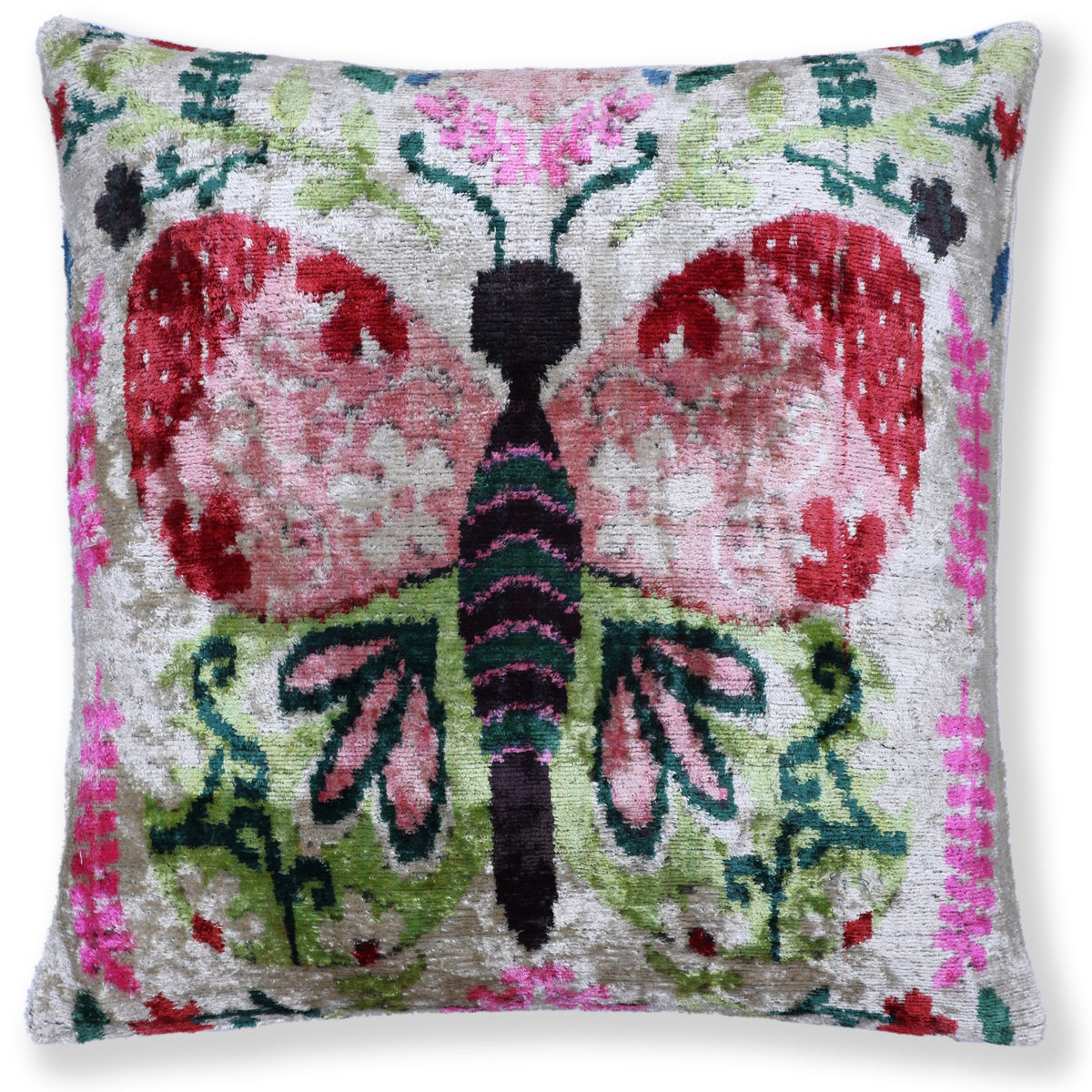 Square pillow with a central butterfly motif in blush pink and crimson red on champagne beige
