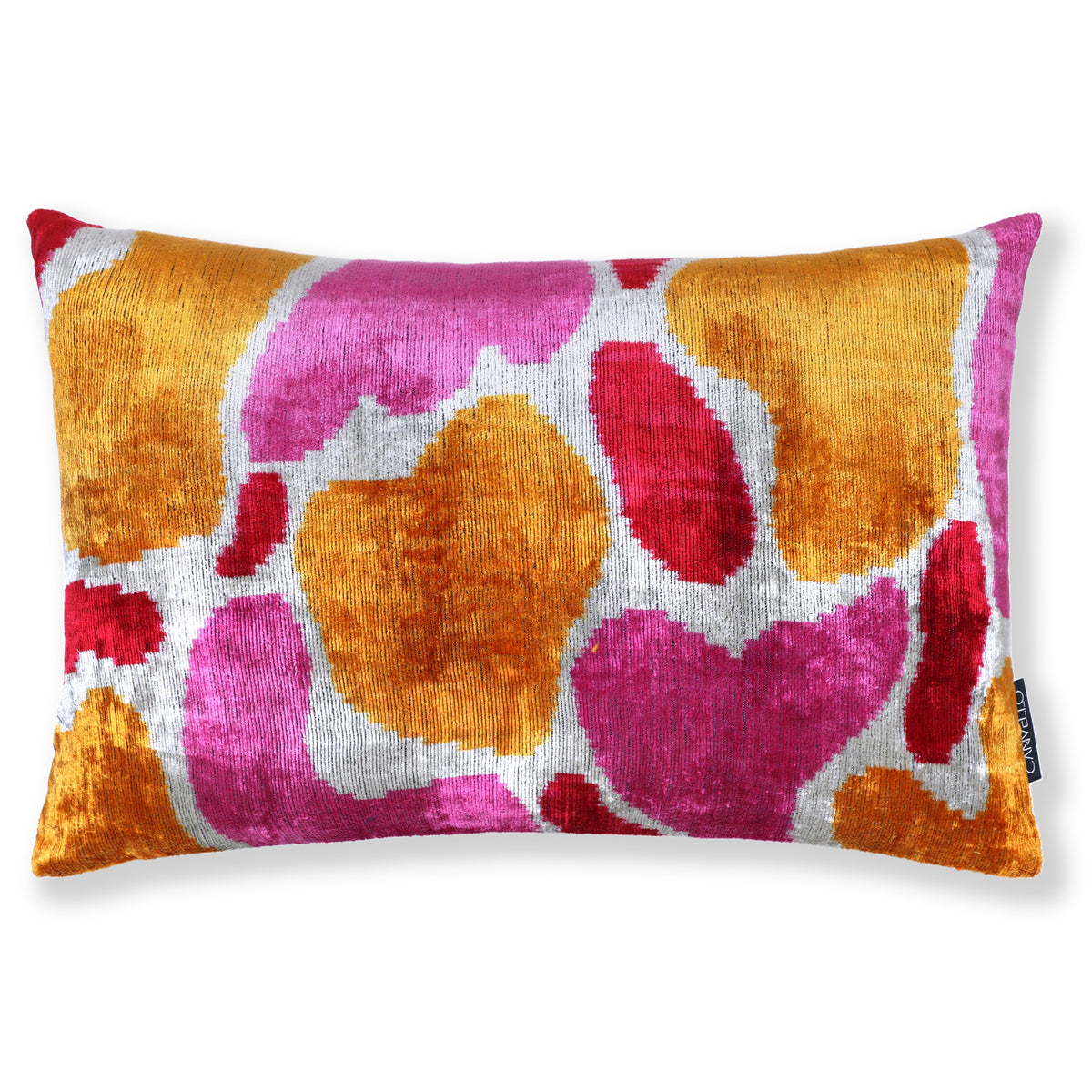 Front view of marigold yellow, fuchsia pink, silvery off-white and crimson red abstract ikat lumbar pillow