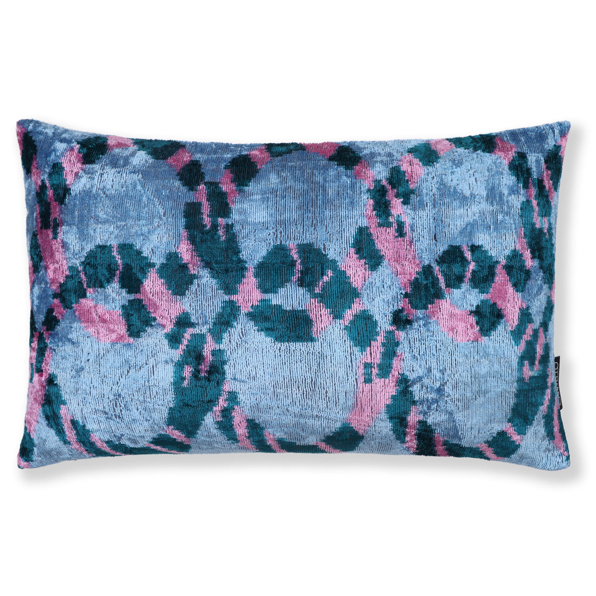 Ice blue silk velvet lumbar pillow with dark teal and rose pink geometric ikat pattern