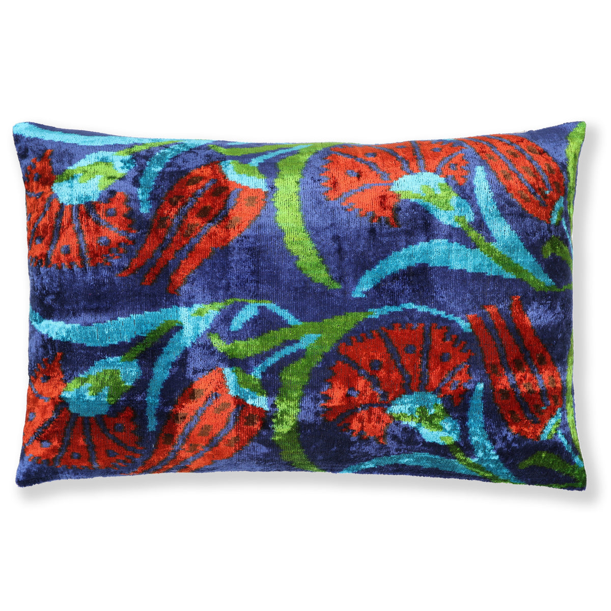 Deep royal blue silk velvet lumbar pillow with brick red-orange, apple green and turquoise Ottoman floral pattern