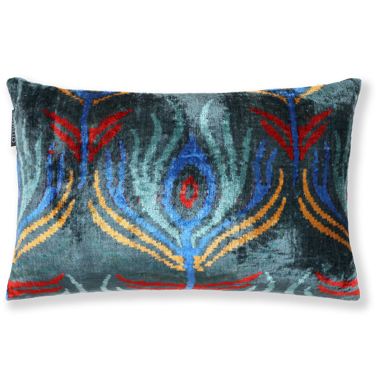 Dark teal, light aqua blue and cobalt blue ikat lumbar pillow with central medallion