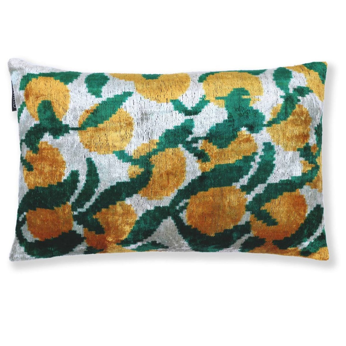 Rectangular lumbar pillow with ochre gold, emerald green and silvery white ikat botanical pattern