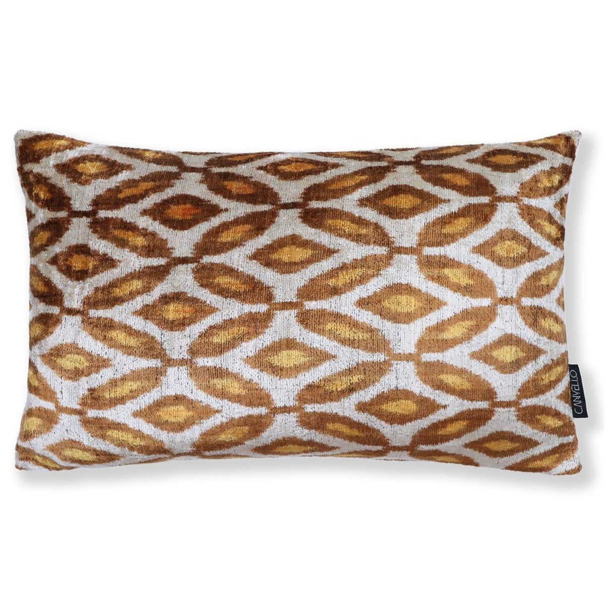 Silvery white lumbar pillow with caramel brown and mustard gold geometric diamond ikat pattern