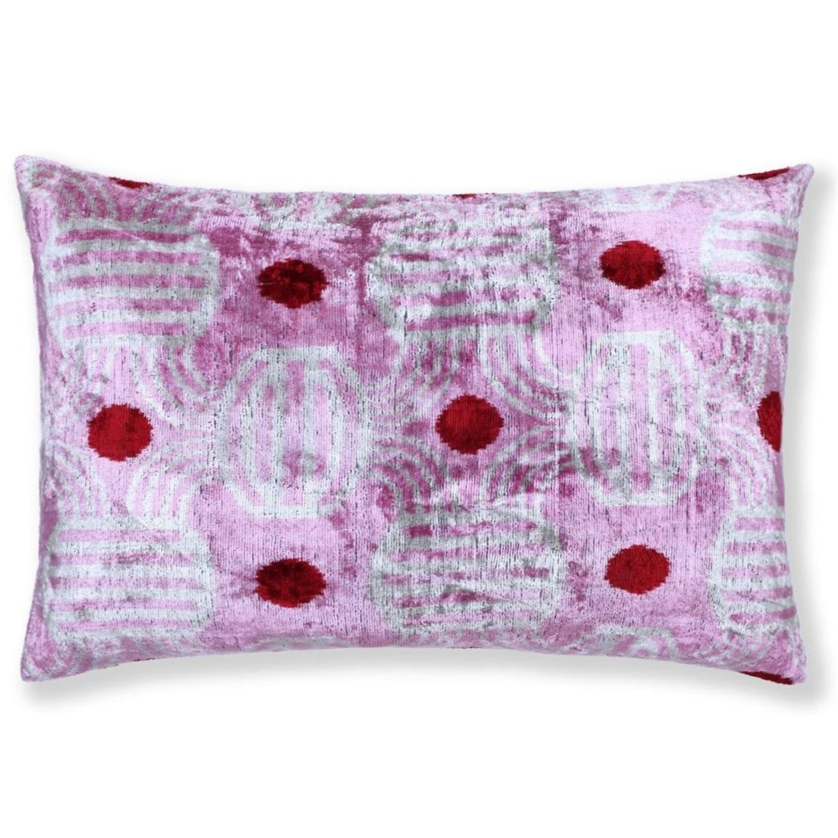 Lavender pink and soft white ikat lumbar pillow with crimson red accents on a white background