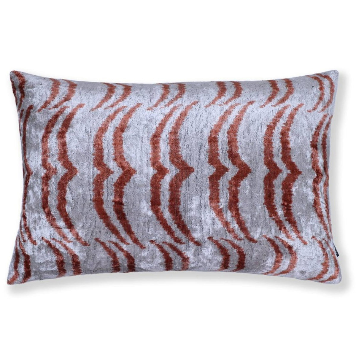 Silver gray and terracotta rust wavy chevron stripes on a silk velvet lumbar pillow