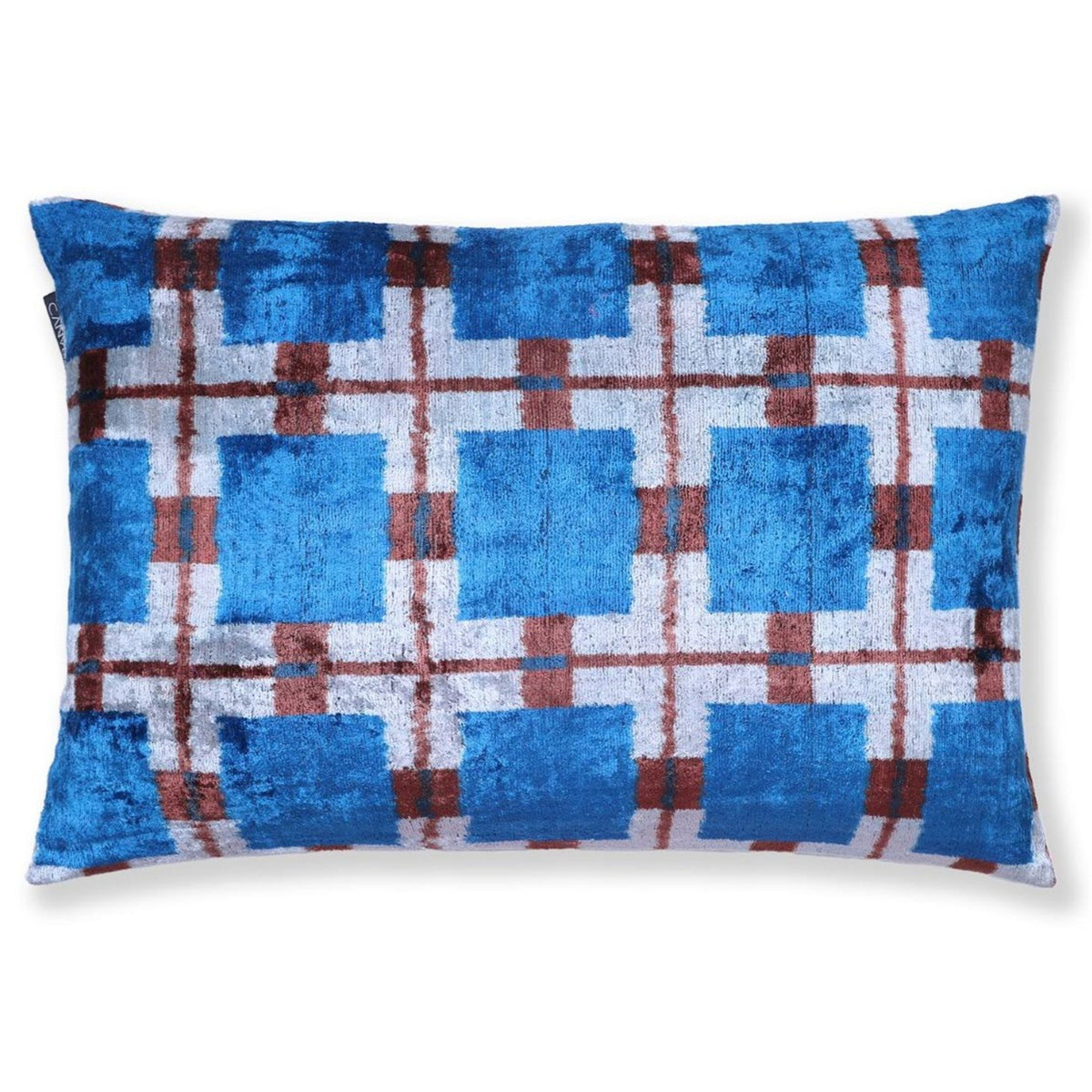 Front view of a bright cobalt blue, cool silvery white and reddish brown plaid silk velvet lumbar pillow
