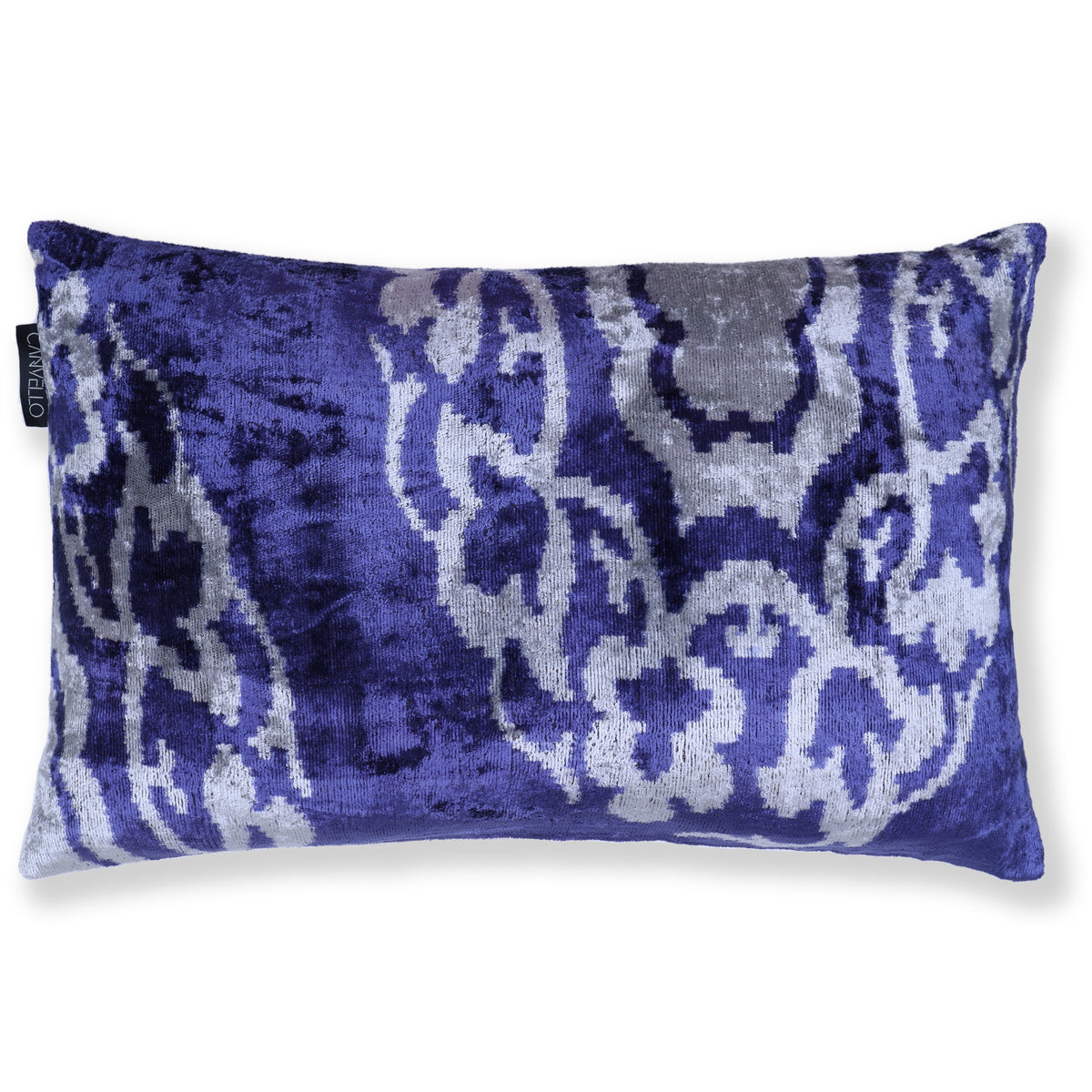 Cobalt blue and silvery light gray ikat lumbar pillow front view