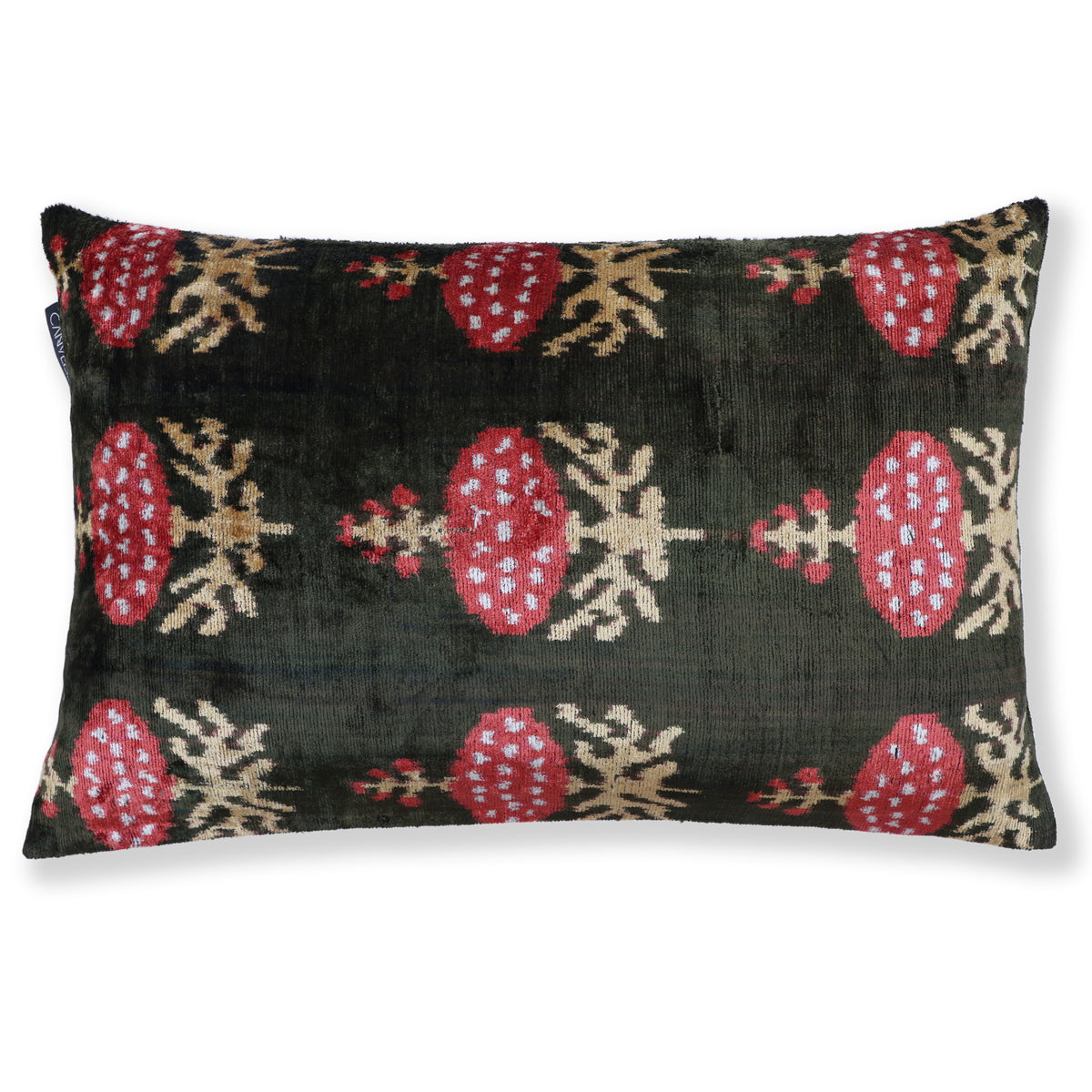 Dark olive green and crimson red ikat botanical lumbar pillow shown from the front
