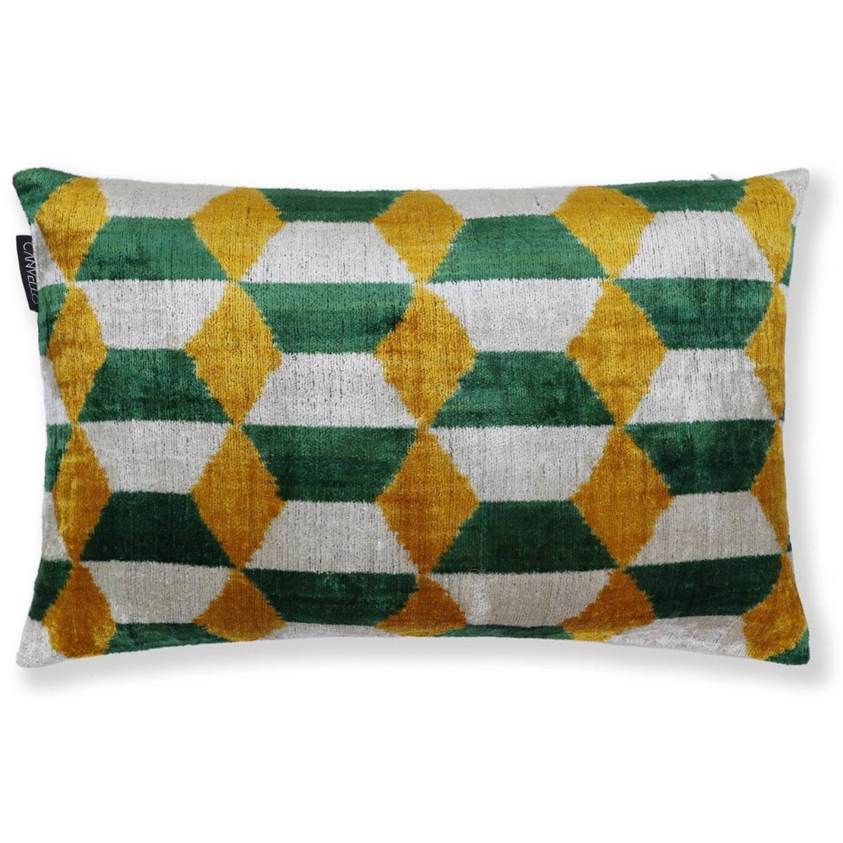 Forest green, silvery white and mustard yellow geometric honeycomb diamond ikat lumbar pillow on white