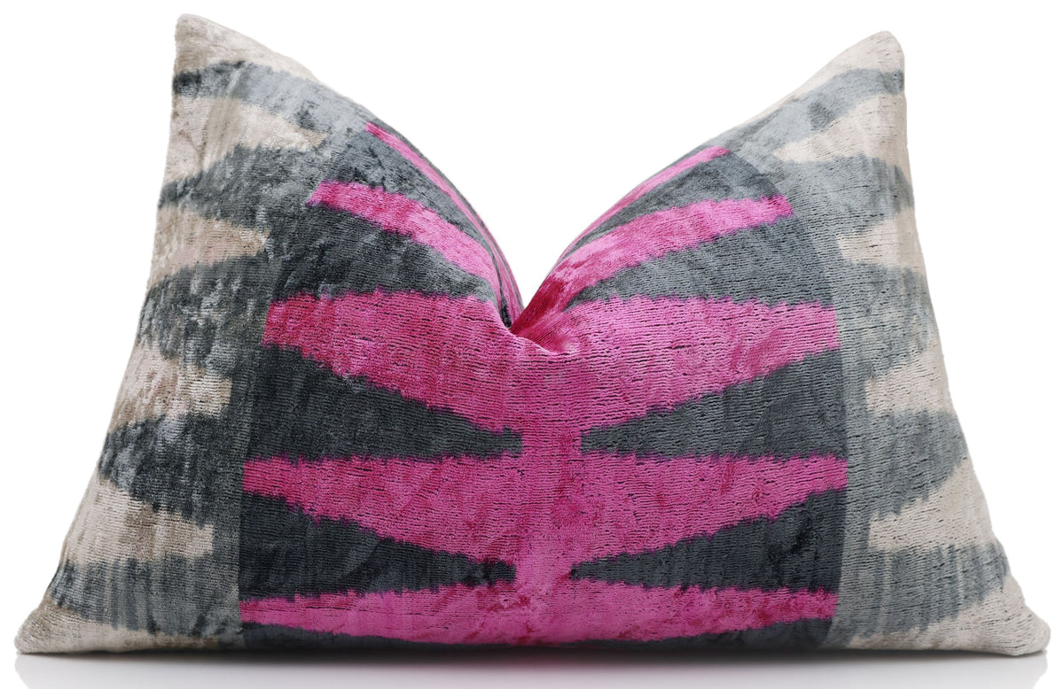 Luxury Pink, Charcoal and Natural Silk Velvet Ikat Lumbar Pillow 16x24 Inch with Down Insert