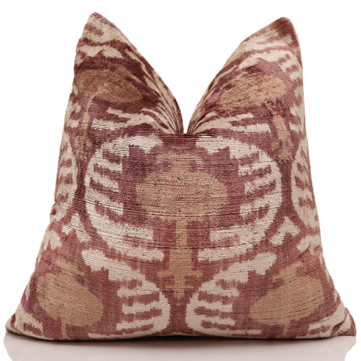 Luxury Handwoven Silk Velvet Throw Pillow 20x20 Inch Burgundy Ikat Pattern