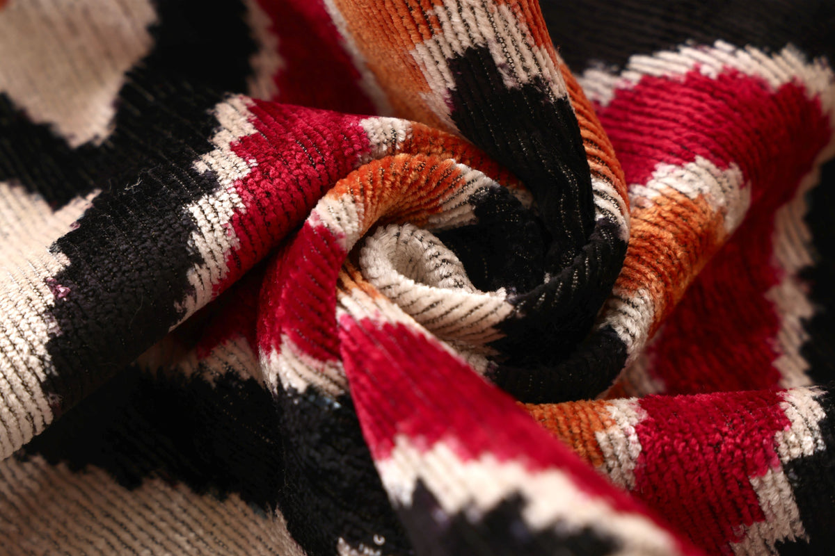 Hand-Knotted Tribal Geometric Silk Velvet Lumbar - 16x24 Red & Black